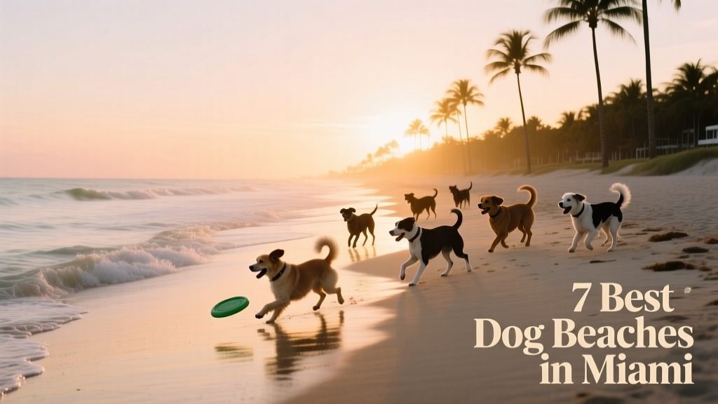 Mid-Beach dog beach at sunrise with calm waves, a few dogs playing, and palm trees lining the shore
