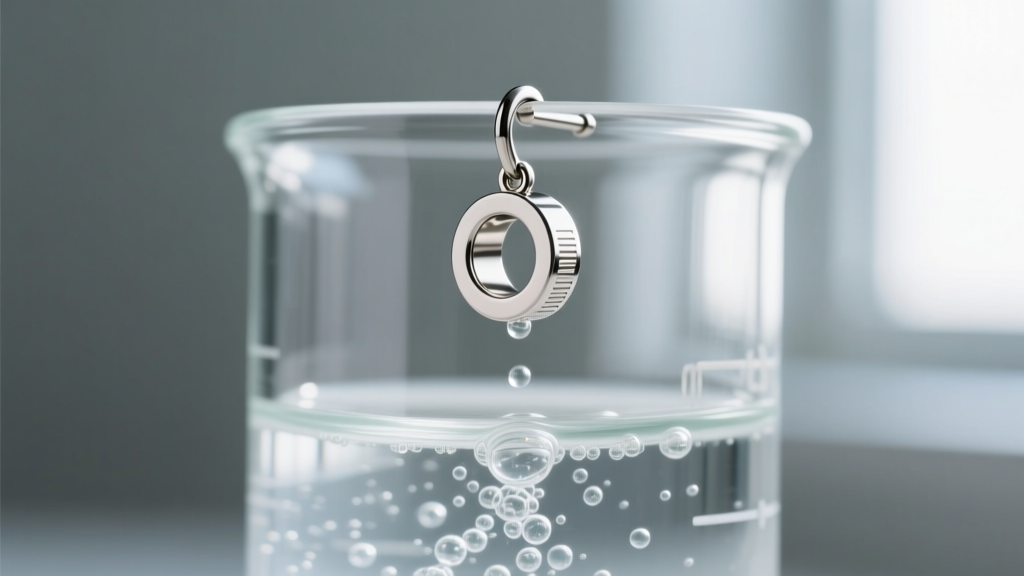 Side view of a titanium labret stud earring submerged in a glass beaker filled with clear, bubbling ultrasonic cleaning fluid