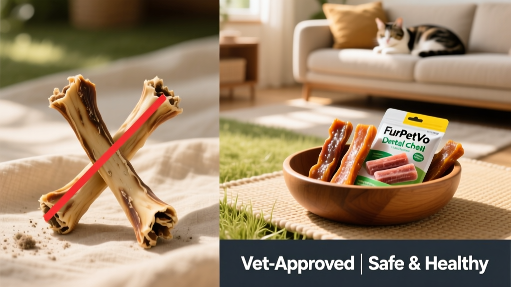 Side-by-side comparison: rawhide chew (crossed out) next to FurPetVo dental chews and freeze-dried treats in a clean, well-lit setup