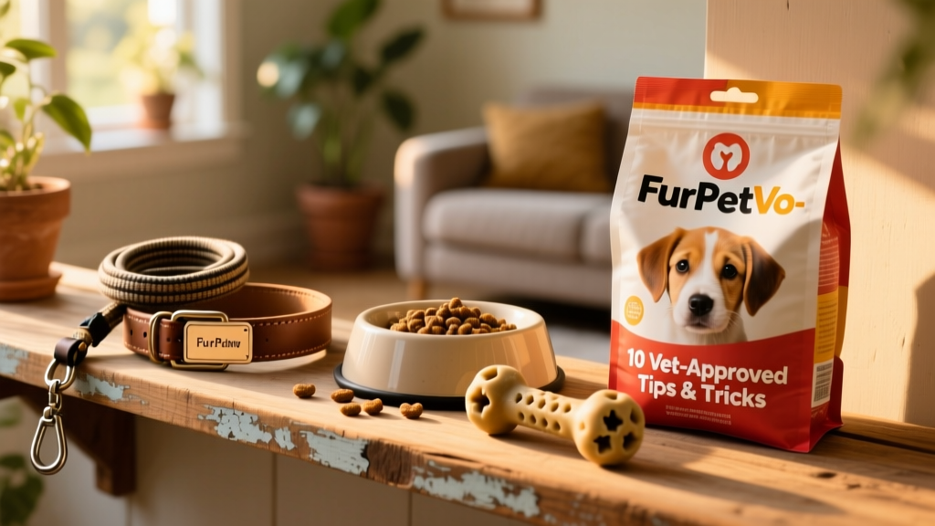 A neatly arranged collection of puppy essentials: collar, leash, food bowl, chew toy, and FurPetVo-branded puppy food bag on a wooden shelf