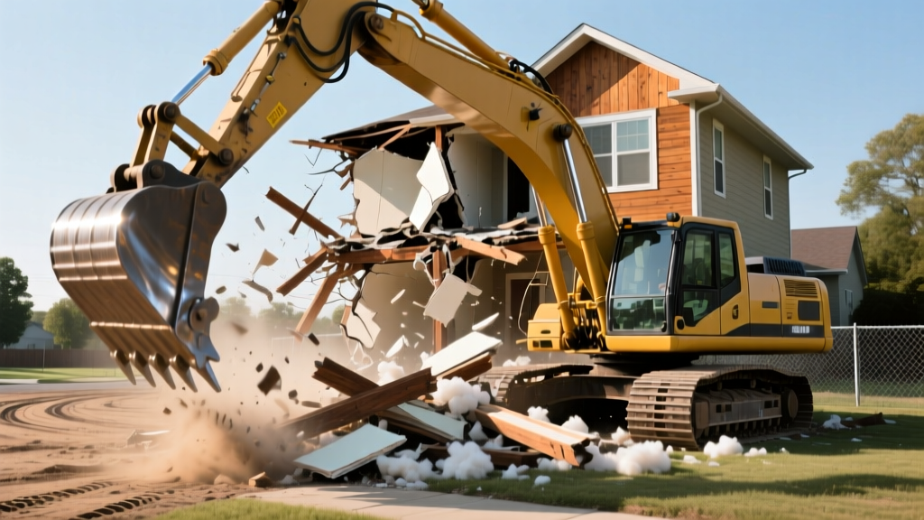 Heavy excavator with a hydraulic shear attachment tearing down a two-story wood-framed residential house on a cleared suburban lot