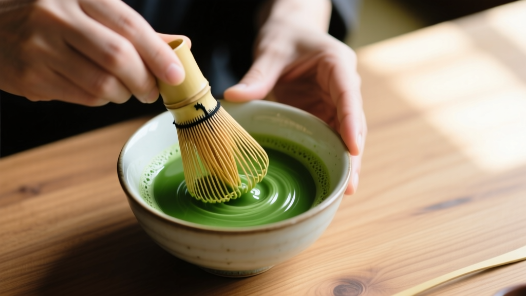 Close-up of hands using a Kinto chasen bamboo matcha whisk in a ceramic bowl creating vibrant green frothy matcha tea on wooden table