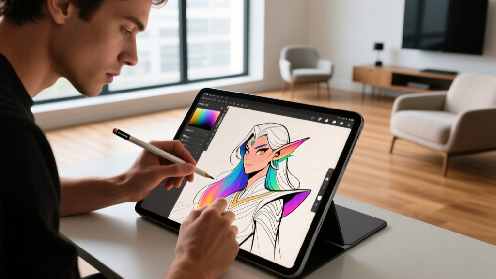 Digital artist using an Apple iPad Pro M4 with Apple Pencil Pro to sketch a character concept on a tandem OLED display