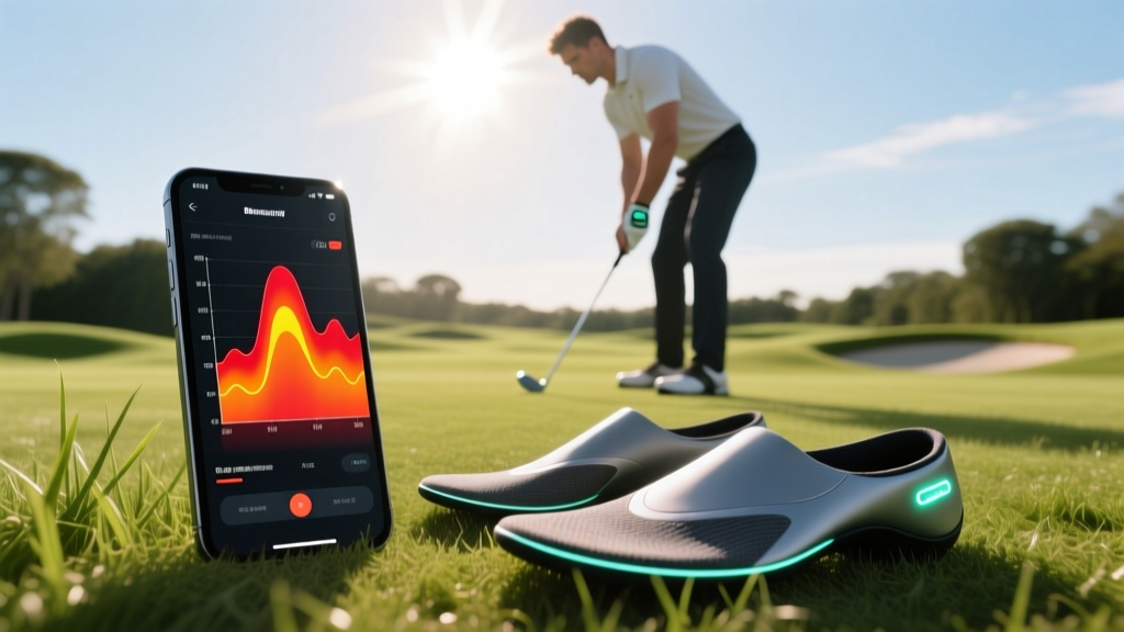 Golfer analyzing weight transfer heat maps on a smartphone screen next to a pair of smart insoles on the driving range grass