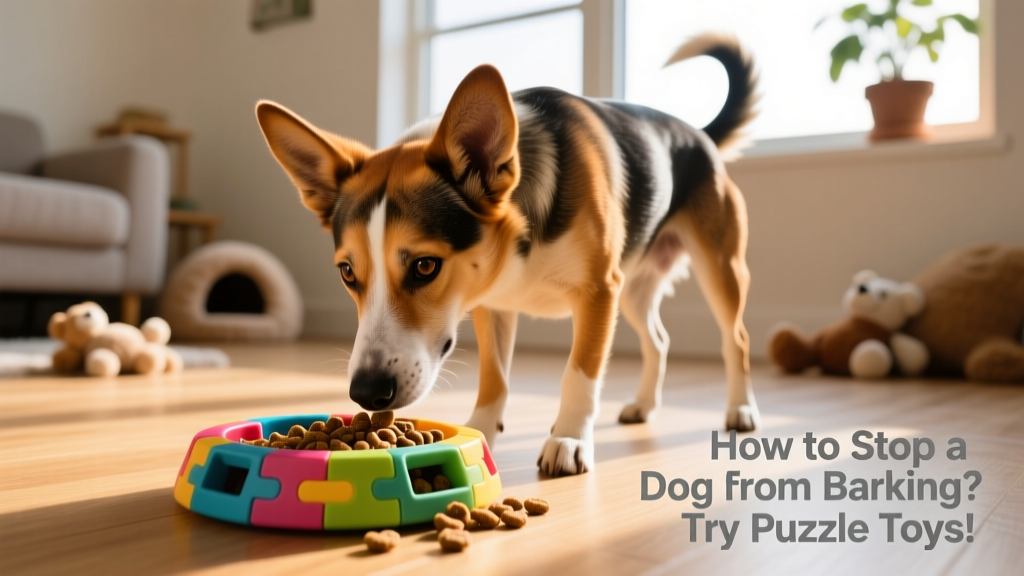 Dog interacting with a colorful puzzle toy filled with kibble, looking focused and engaged