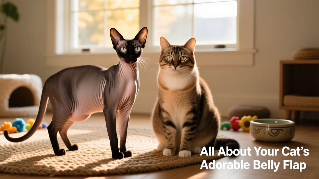 Two cats side by side—one lean with a prominent, swinging primordial pouch; one heavier with a rounded, less-defined belly—illustrating the difference between pouch and excess fat