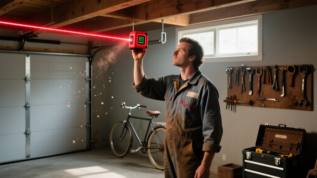 Mechanic using a bright red compact laser distance measure to calculate ceiling height inside a dimly lit residential garage