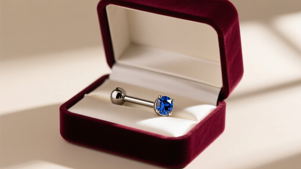 Open velvet gift box revealing a titanium threadless labret post with a bezel-set sapphire gemstone end on silk