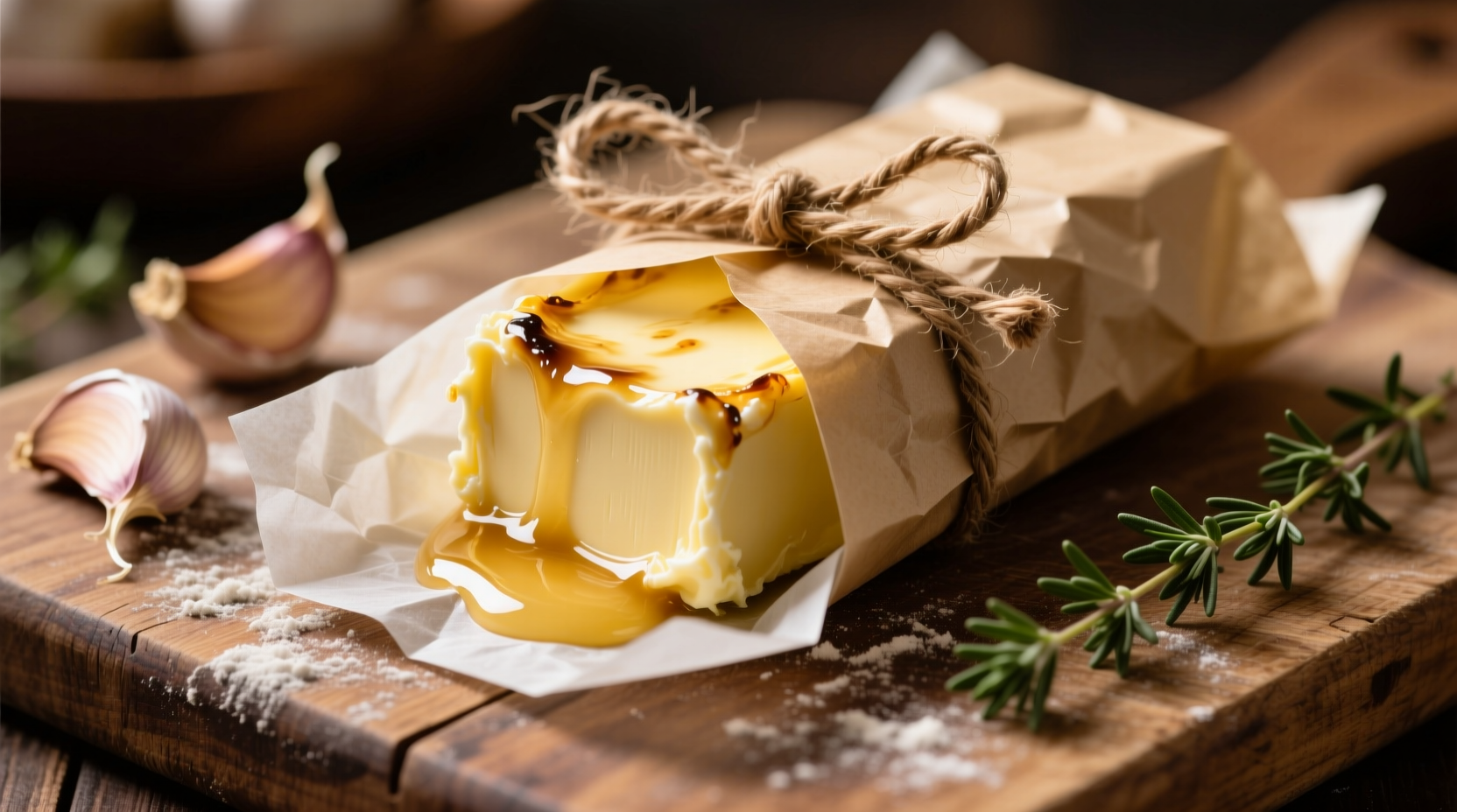 Homemade roasted garlic butter rolled in parchment paper