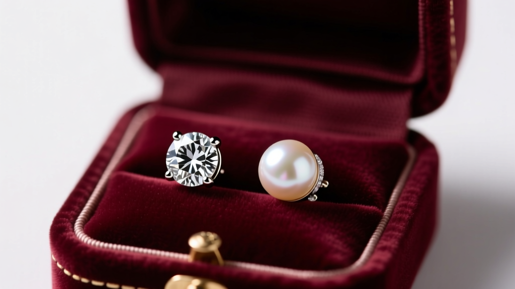 Open velvet box showing a diamond stud and pearl jacket 2 piece earring set under soft studio lighting, macro jewelry photo shot