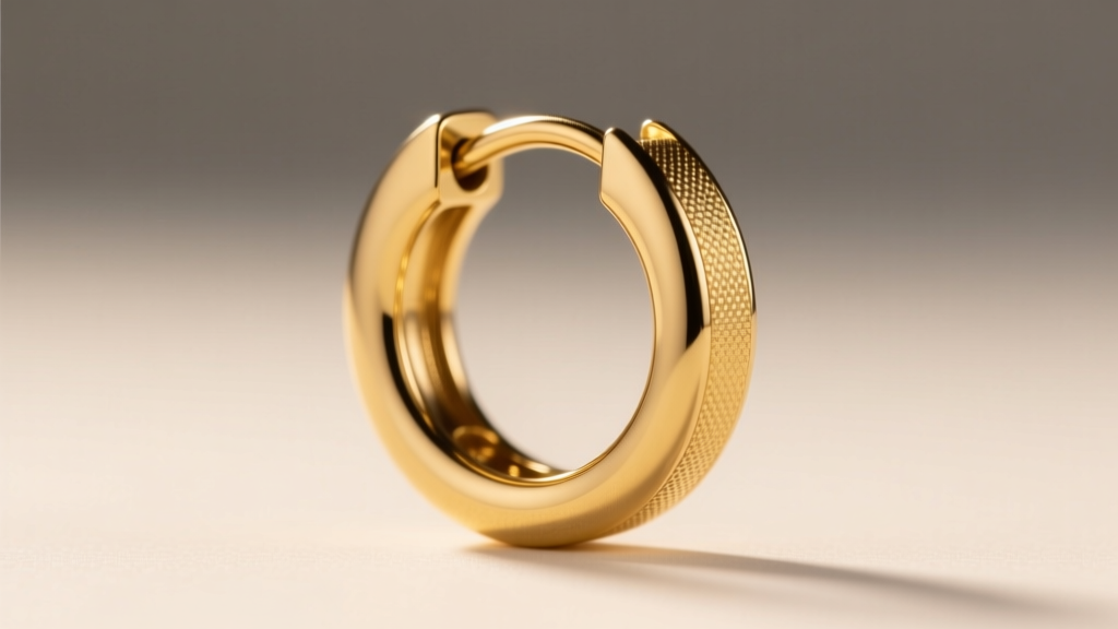 Macro shot of an 18-gauge stainless steel hoop earring with PVD gold coating, highlighting the seamless clicker hinge mechanism