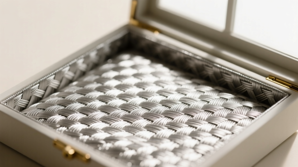 Close-up of anti-tarnish Pacific Silvercloth lining inside a custom keepsake box, highlighting the woven zinc-embedded texture