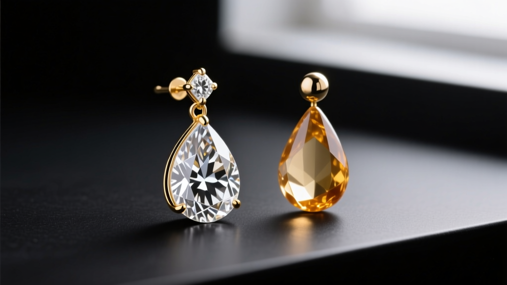 Side profile of pear-cut cubic zirconia teardrop earring in gold prong setting, next to a top-drilled briolette quartz drop.