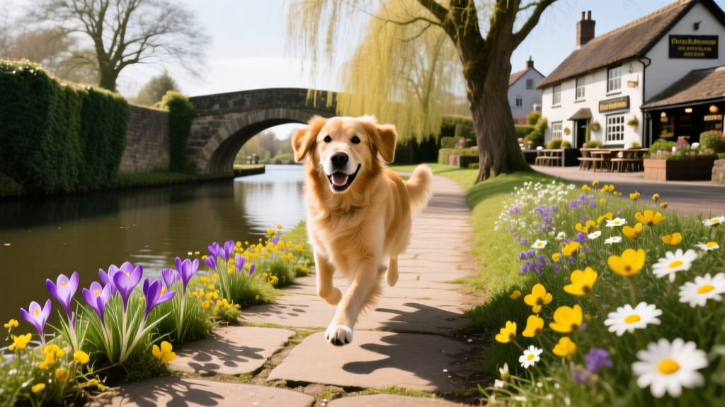A dog trotting happily along a sun-dappled canal towpath with wildflowers and stone bridges in the background