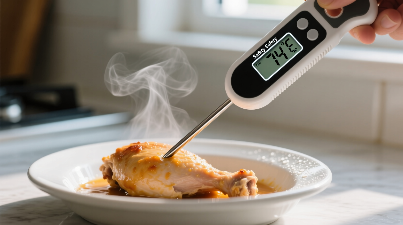 Food safety thermometer measuring temperature of leftovers