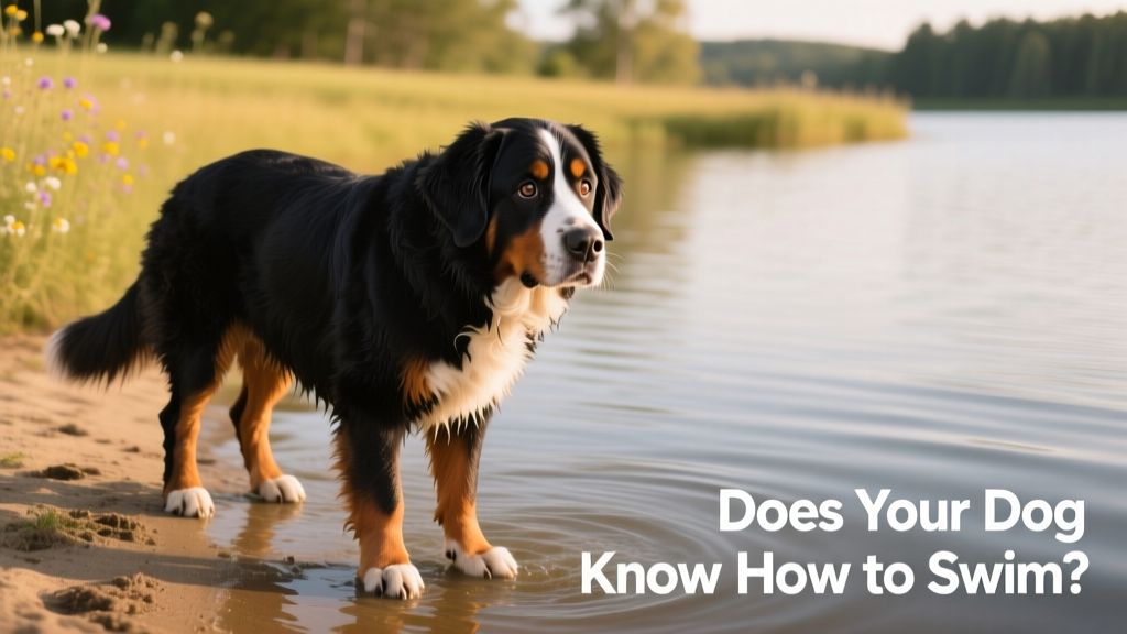 Bernese Mountain Dog standing hesitantly at water’s edge, looking uncertain