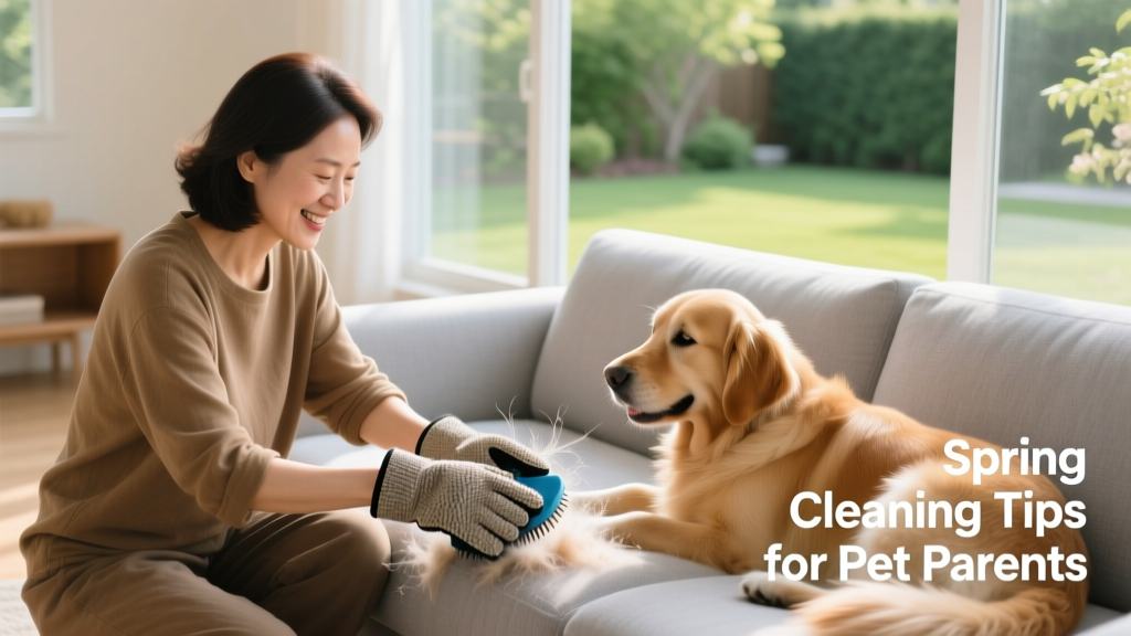 A pet parent using a grooming glove to remove fur from a fabric sofa