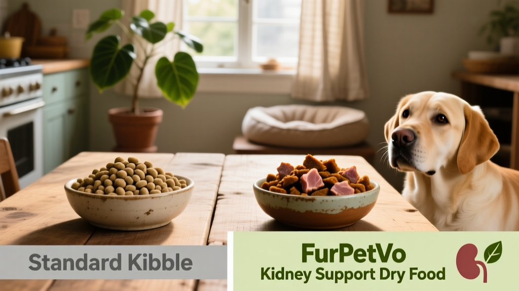 Side-by-side comparison showing standard kibble versus FurPetVo’s kidney-support dry food with clear labeling