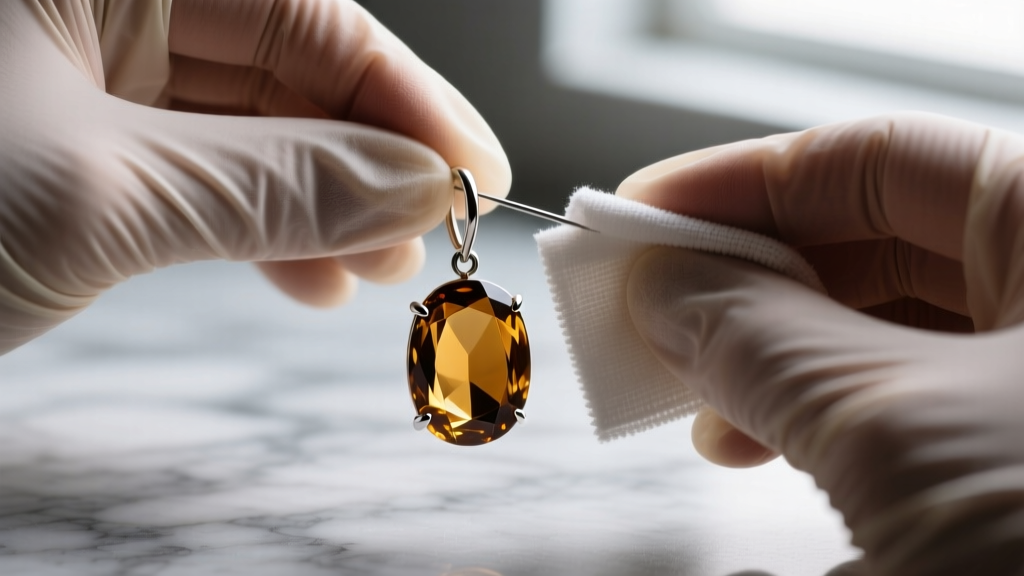 Close-up of a jeweler using a soft microfiber cloth to gently clean a smoky topaz dangle earring, avoiding the ultrasonic cleaner
