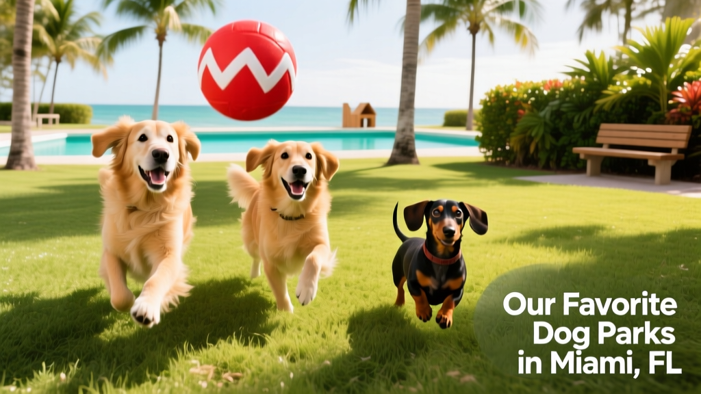 Three dogs playing together with a bright toy on a sunny, grassy field