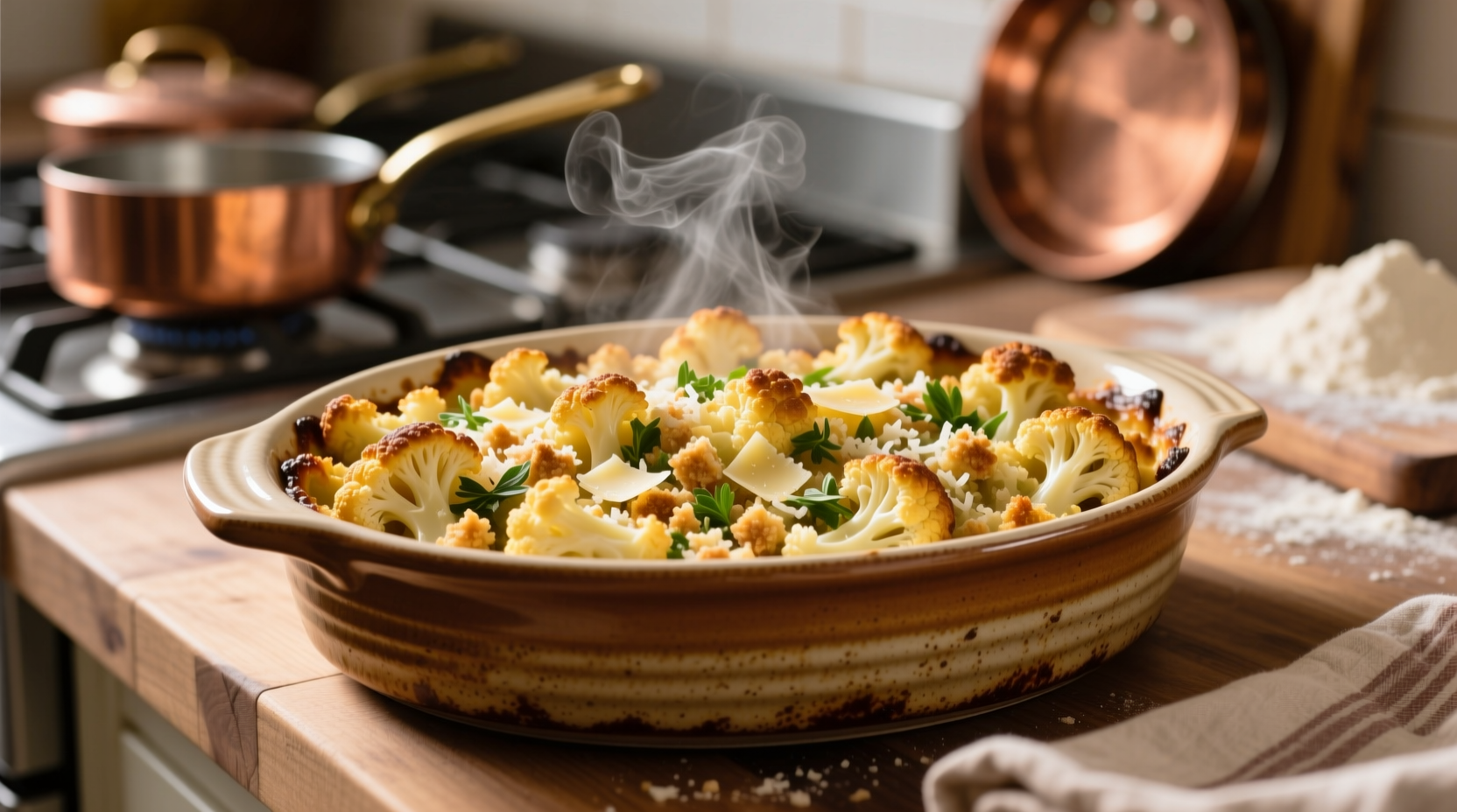 Golden brown cauliflower stuffing in ceramic baking dish
