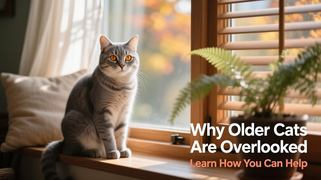 A calm senior cat sitting beside a cozy window perch