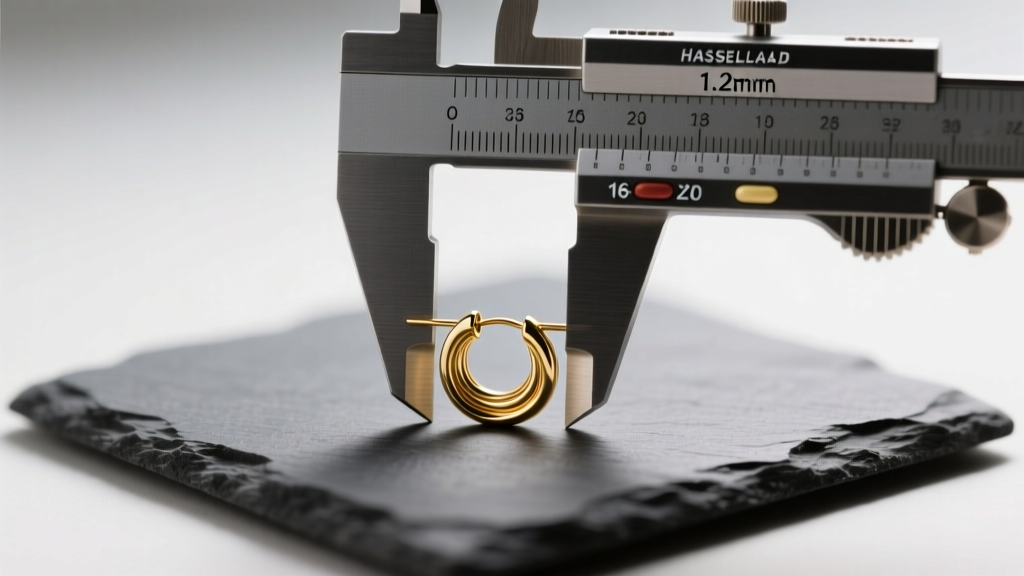 Digital calipers measuring the 1.2mm wire thickness of a 16-gauge gold spiral cartilage earring resting on a dark slate display pad