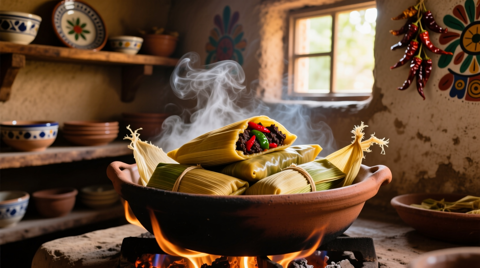 Steaming tamales in traditional pot with corn husks