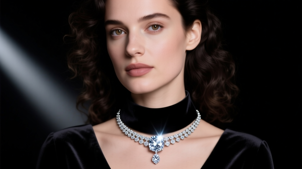 Woman wearing a graduating diamond riviera necklace against dark velvet, studio lighting highlighting the large center stone.