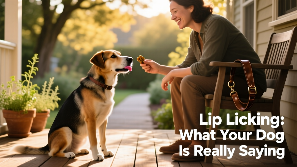 Dog sitting beside its owner, licking lips while avoiding direct eye contact during a gentle training moment