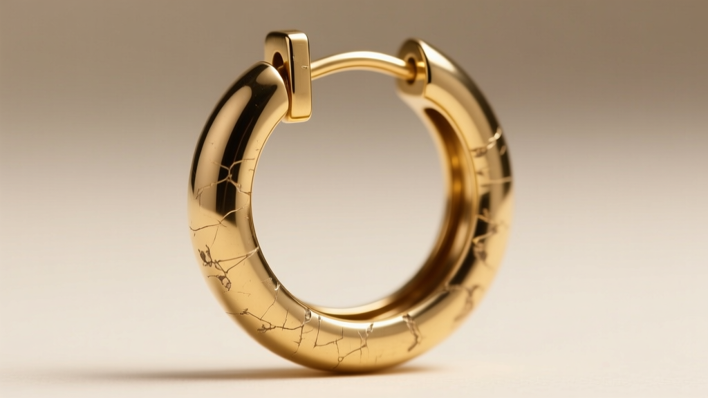 Macro view of a brass fashion earring hoop revealing micro-abrasions and gold plating wear near the clasp hinge in soft lighting.