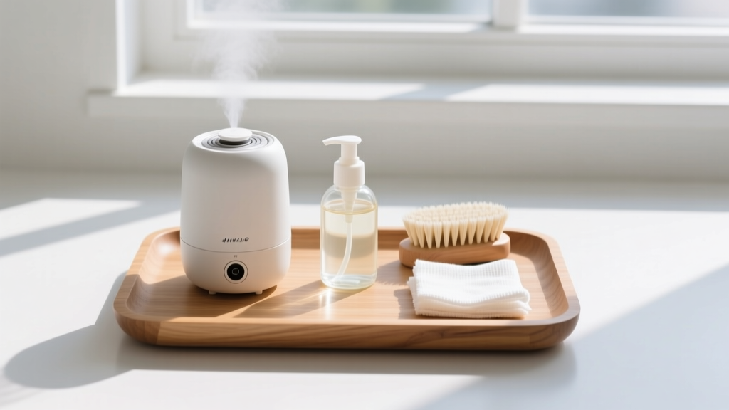 Wooden tray with ultrasonic cleaner, mild soap, soft brushes, and lint-free wipes illuminated by bright natural window light.