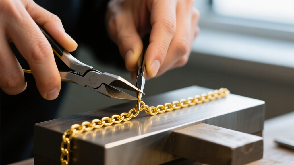 Close-up of a jeweler using precision flush cutters to snip a 14k yellow gold cable chain link on a steel bench block.