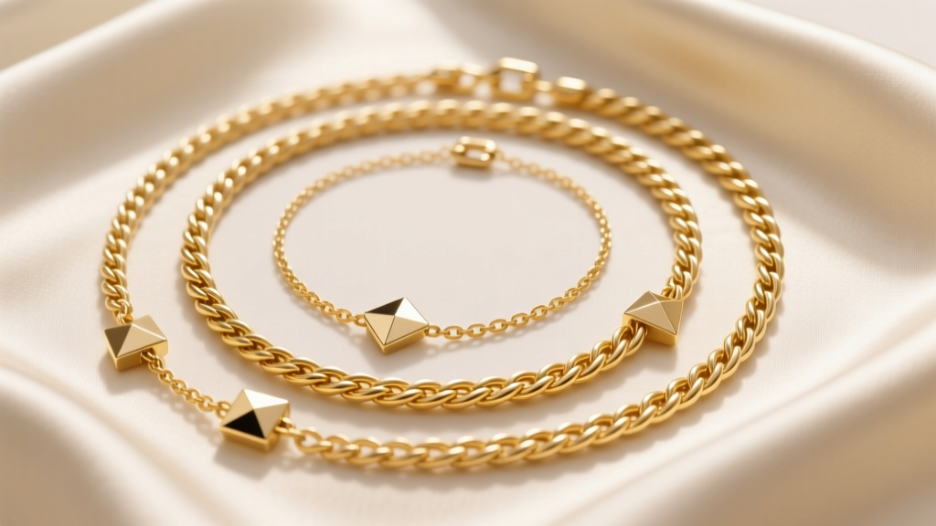 Flat lay of layered 14k yellow gold cable and figaro chains with small geometric pendants on a cream silk fabric background.