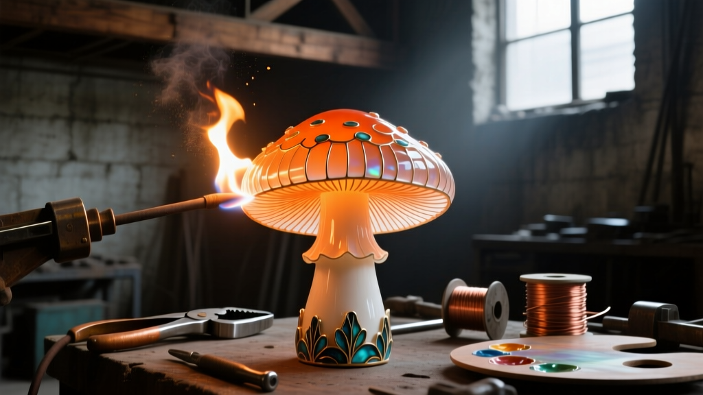 Close-up of a torch firing a plique-à-jour translucent enamel mushroom gill structure, glowing orange in a dark workshop.