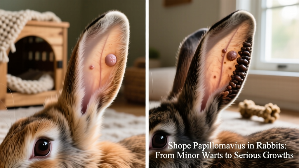 Side-by-side comparison showing early-stage small warts versus advanced, horn-like growths on a rabbit's ear