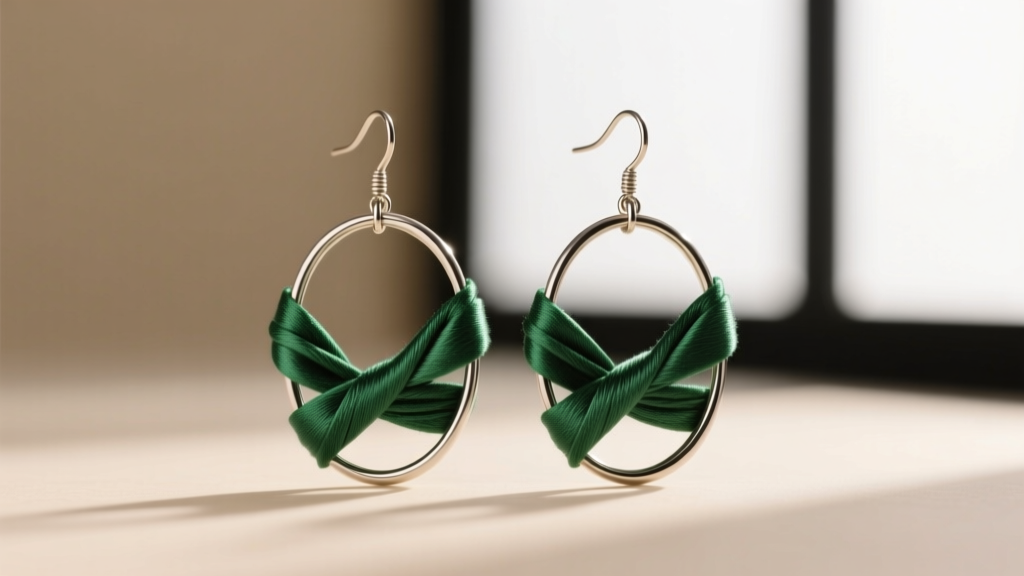 Close-up of avant-garde string earrings with emerald-green silk thread wrapped over a titanium wire frame, soft studio lighting