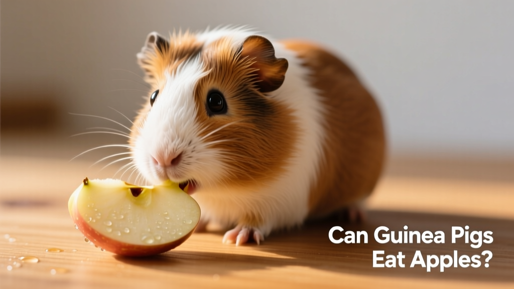 Guinea pig happily nibbling a small piece of apple on a clean wooden surface