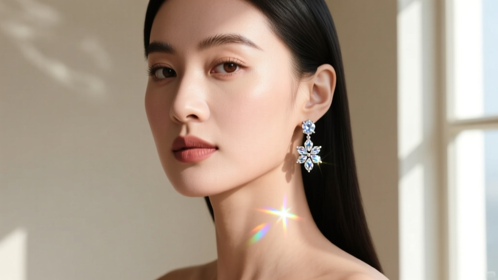 Profile portrait of a woman wearing 2-carat moissanite cluster drop earrings, soft window light catching the brilliant facets.