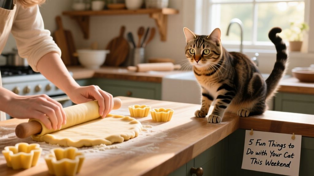 A person’s hands rolling out dough and pressing it into flower-shaped silicone molds, with a curious cat watching nearby
