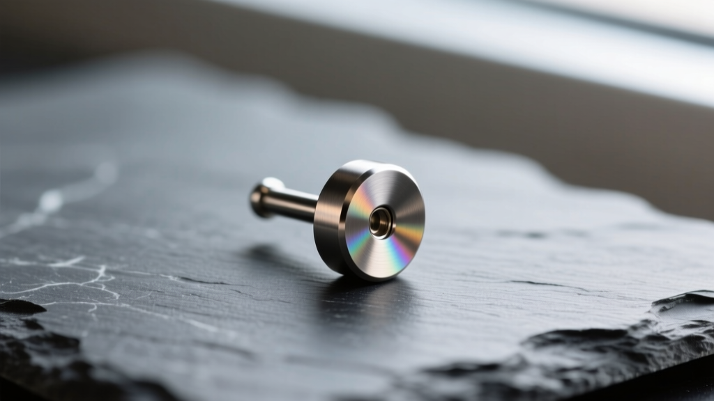Macro photography of a 16-gauge implant-grade titanium flat-back labret stud with a brushed finish, resting on dark slate