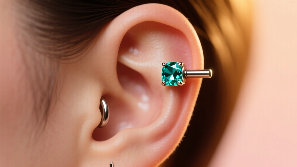 Side profile of ear with 16-gauge threadless titanium helix stud and teal sapphire, shot against a softly blurred warm background