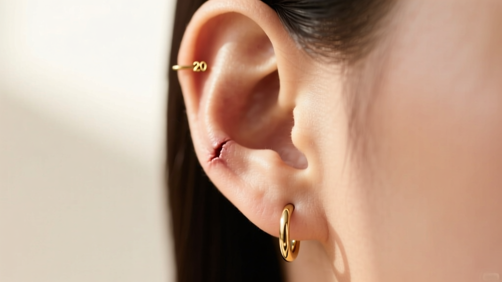 Close-up of a healed earlobe wearing a delicate 20-gauge gold hoop, showing healthy tissue with no redness, tearing, or migration.
