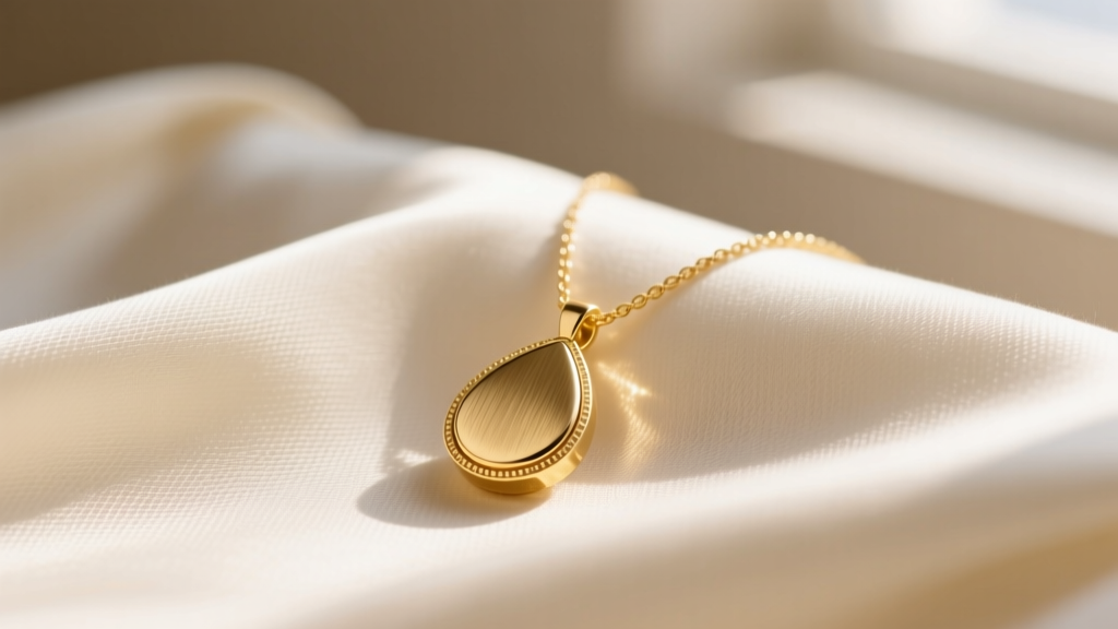 Close-up of a 14k solid gold Lana necklace with a 10mm brushed teardrop pendant resting on a silk blouse in warm natural sunlight