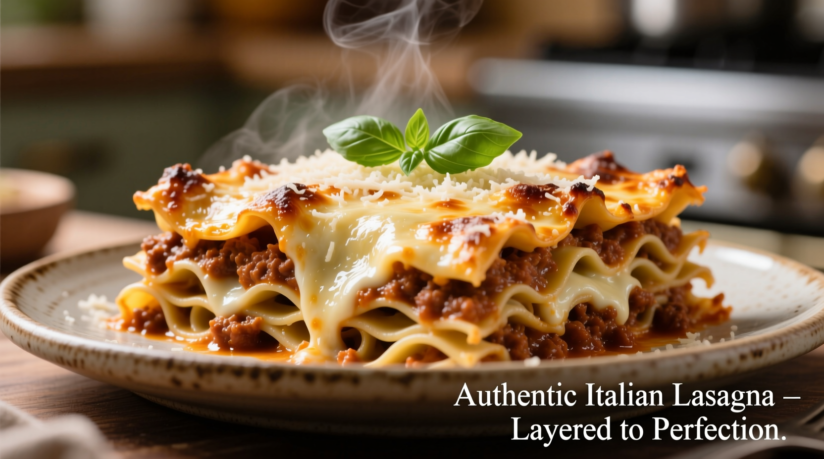 Perfectly layered lasagna with golden cheese crust