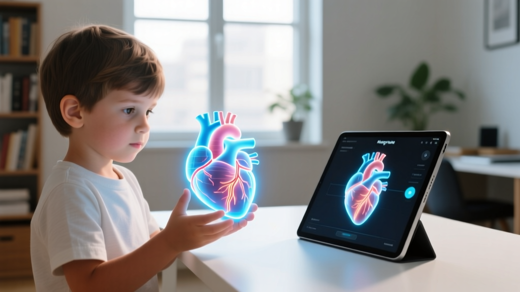 Child holding a Merge Cube displaying a floating 3D hologram of a human heart while looking at a tablet screen nearby