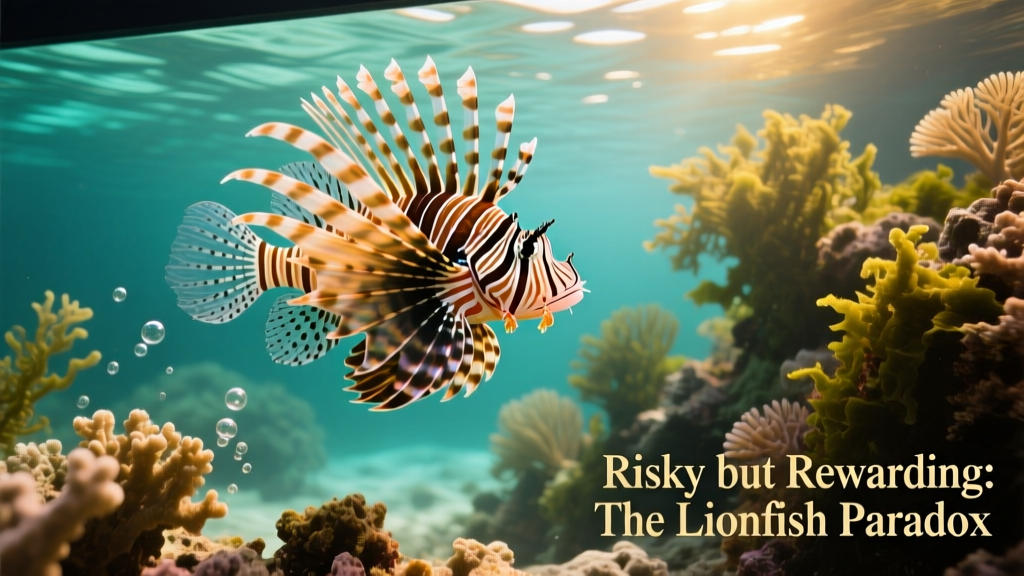 A vibrant volitans lionfish hovering near live rock in a well-maintained saltwater aquarium