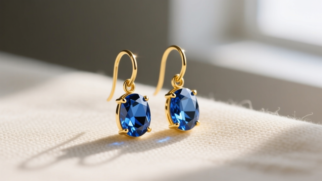 Macro shot of 14k yellow gold drop earrings with faceted blue apatite gems resting on textured cream linen in soft natural light
