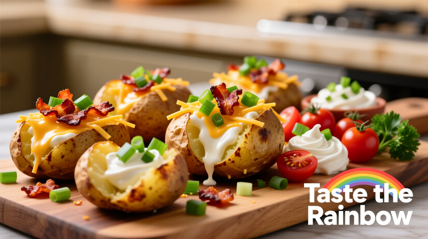 Variety of baked potato toppings arranged colorfully