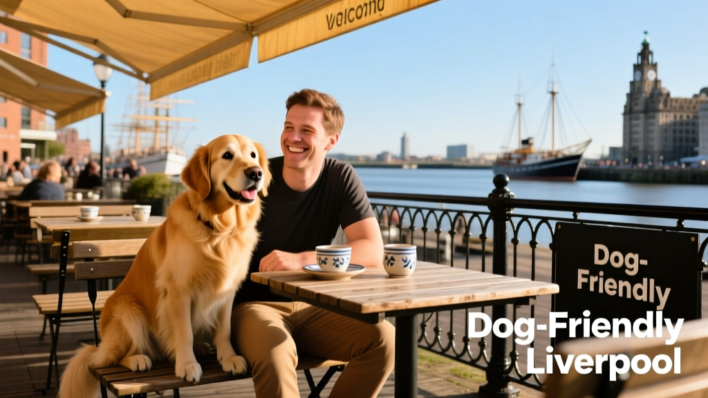 A happy dog sitting beside its owner at an outdoor table in Liverpool’s Albert Dock
